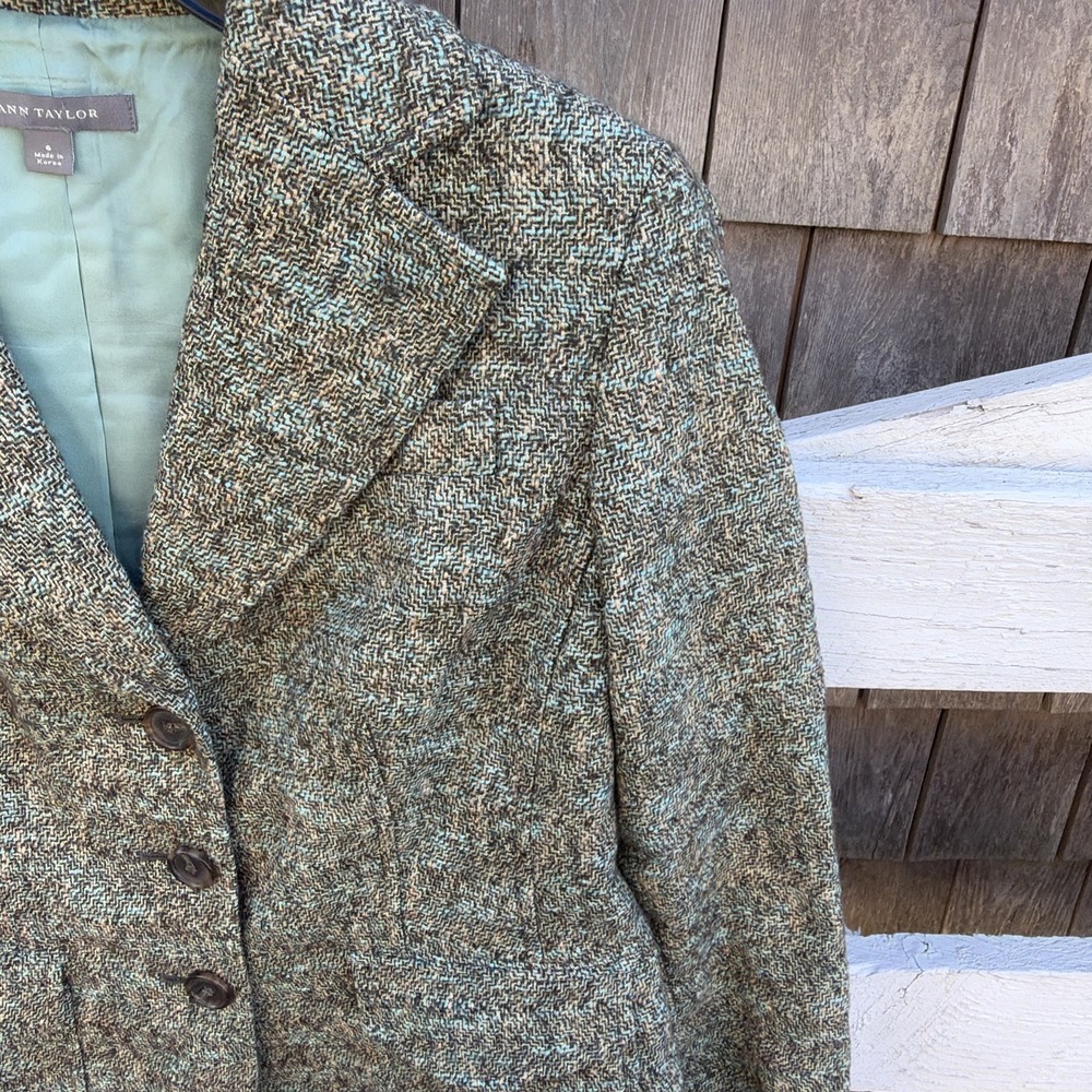 Ann Taylor Green Tweed Wool Blend Blazer Jacket Womens Size 6 Career - Picture 4 of 11